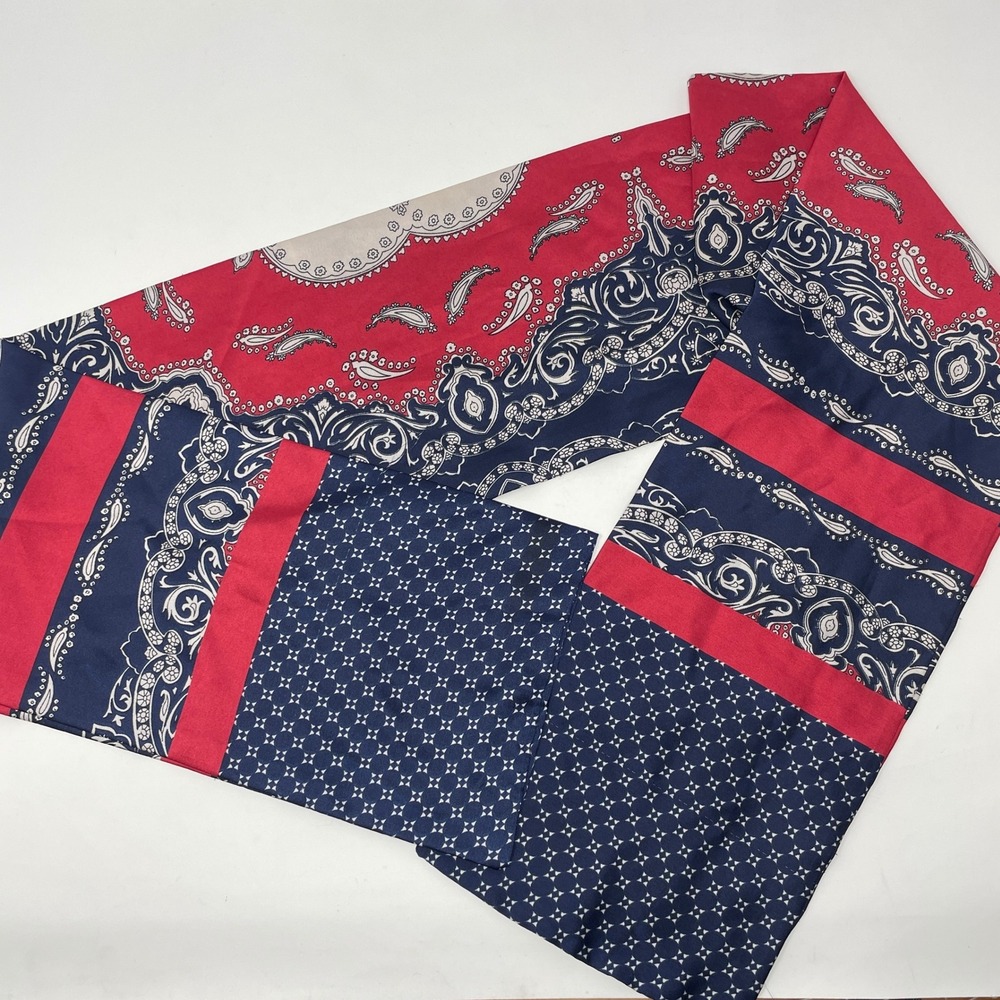Navy Blue Red Paisley Geometric Mixed Print Long Satin Rectangle Scarf Accessory